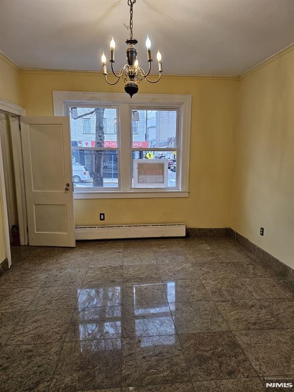 unfurnished dining area with an inviting chandelier and baseboard heating