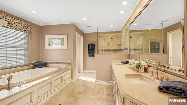 bathroom with vanity, tile patterned flooring, ornamental molding, and separate shower and tub