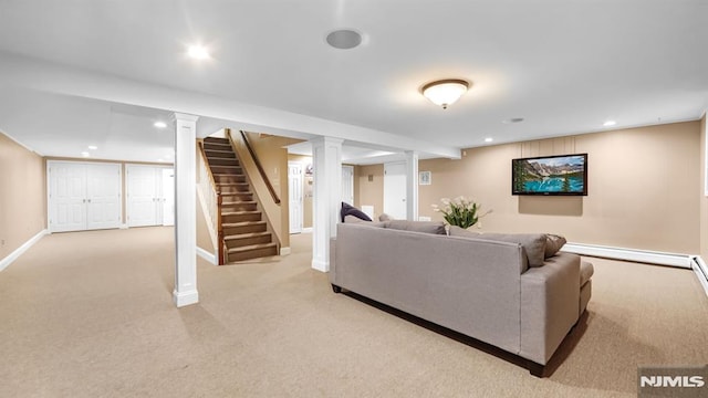 living room with light colored carpet