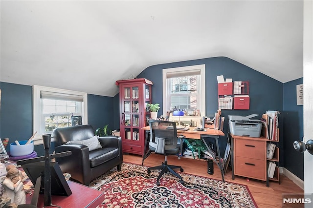 office with light hardwood / wood-style floors, a healthy amount of sunlight, and vaulted ceiling