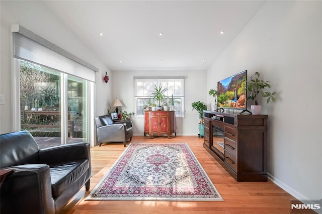 living area featuring light wood-type flooring and vaulted ceiling