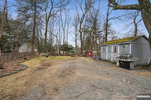 view of yard with a shed