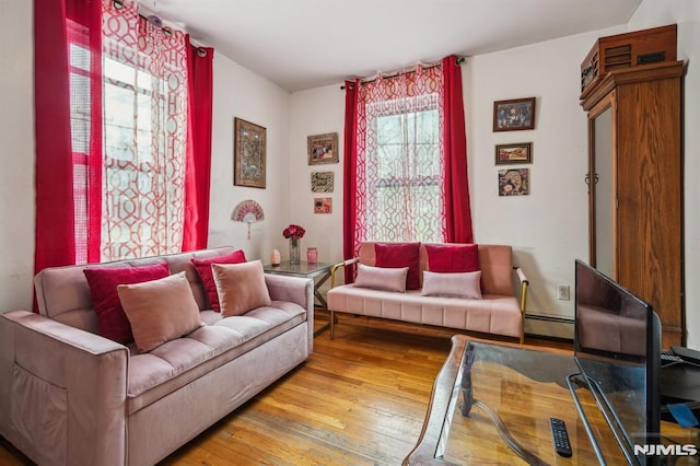 living room featuring baseboard heating and hardwood / wood-style flooring