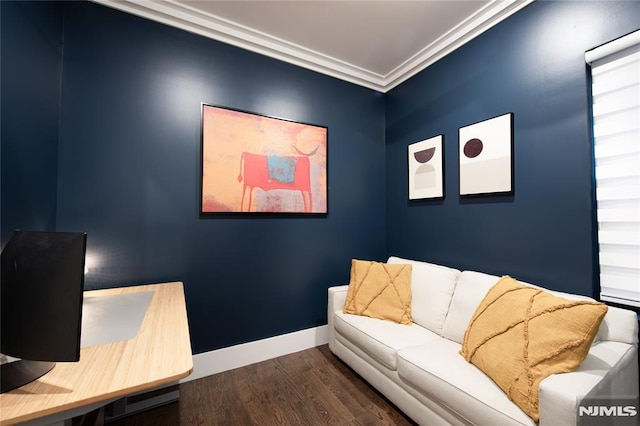 office featuring dark wood-type flooring and crown molding