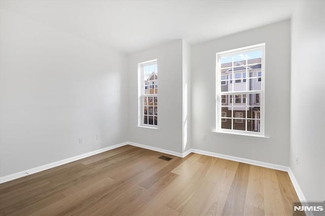 empty room with light hardwood / wood-style floors and plenty of natural light