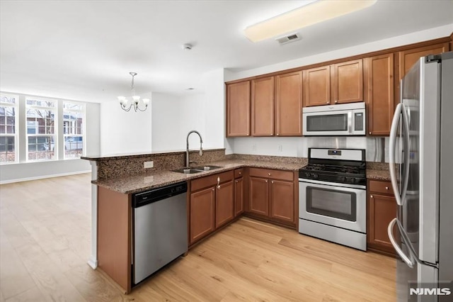 kitchen with sink, an inviting chandelier, kitchen peninsula, hanging light fixtures, and appliances with stainless steel finishes