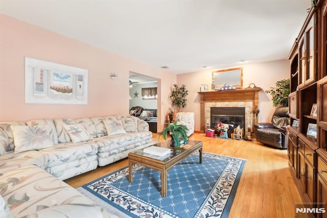 living room with a fireplace and light wood-type flooring