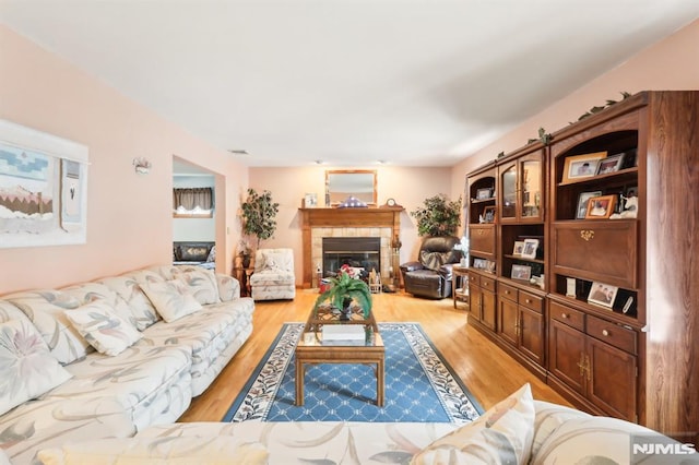 living room with a fireplace and light hardwood / wood-style floors