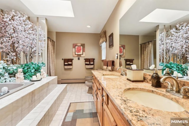 bathroom featuring a skylight, toilet, a bidet, and a baseboard heating unit