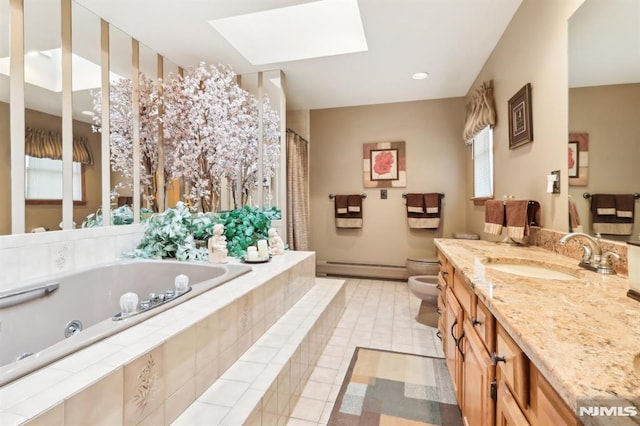 bathroom featuring a bidet, tiled bath, toilet, a skylight, and a baseboard radiator