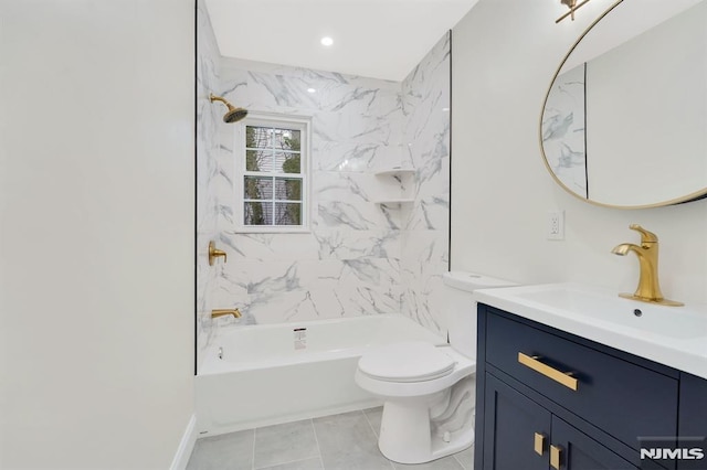 full bathroom with tile patterned floors, tiled shower / bath combo, vanity, and toilet