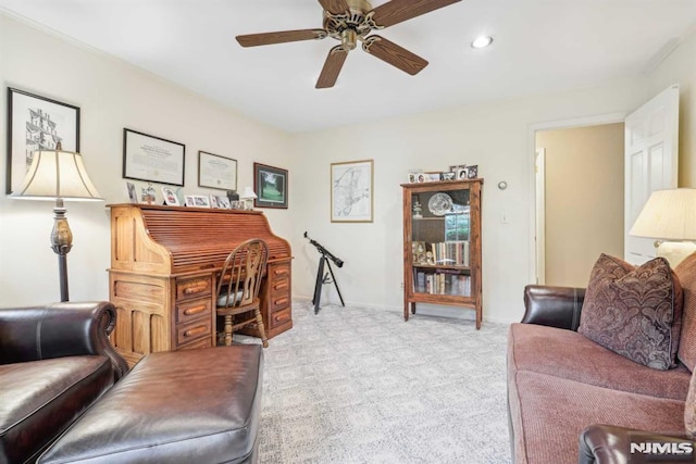 office with ceiling fan and light colored carpet