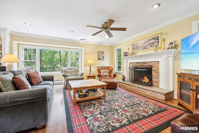 living room featuring wood-type flooring, crown molding, ceiling fan, a fireplace, and a baseboard heating unit