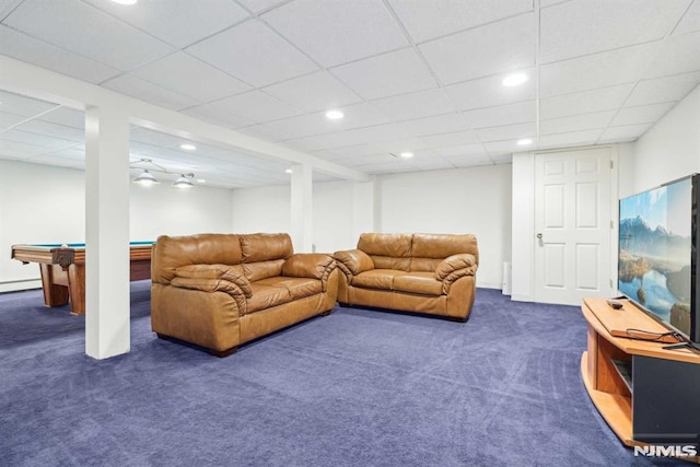 living room featuring a baseboard heating unit, billiards, and dark colored carpet