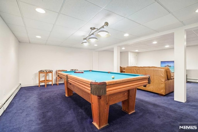 game room featuring pool table, baseboard heating, a paneled ceiling, and dark carpet