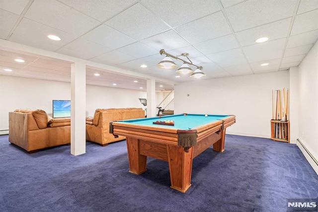 playroom featuring a baseboard heating unit, billiards, dark carpet, and a drop ceiling