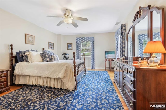 bedroom featuring ceiling fan and light wood-type flooring