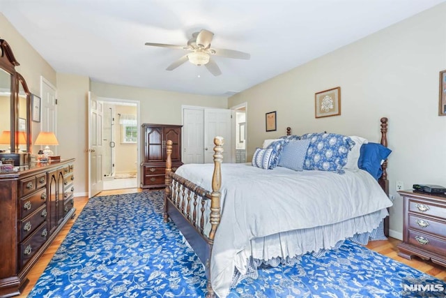 bedroom featuring ceiling fan and light wood-type flooring