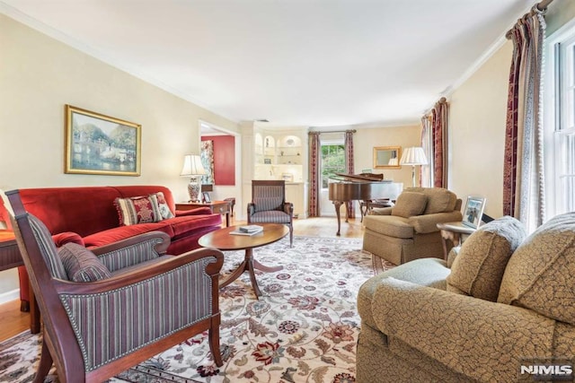 living room featuring ornamental molding and light hardwood / wood-style floors