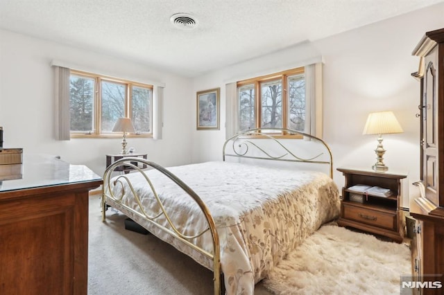 carpeted bedroom featuring a textured ceiling and multiple windows