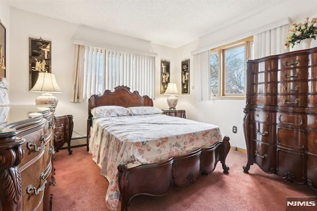 bedroom with a textured ceiling, carpet floors, and a baseboard radiator