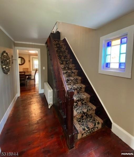 stairs with radiator, wood-type flooring, and ornamental molding