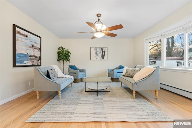 living area with ceiling fan and wood-type flooring