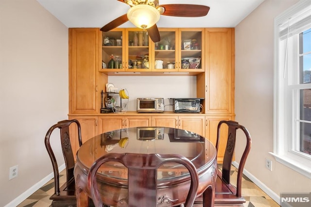 dining room with ceiling fan and a wealth of natural light