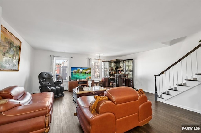 living room with dark wood-type flooring