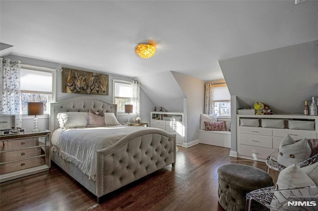 bedroom featuring lofted ceiling and dark hardwood / wood-style floors