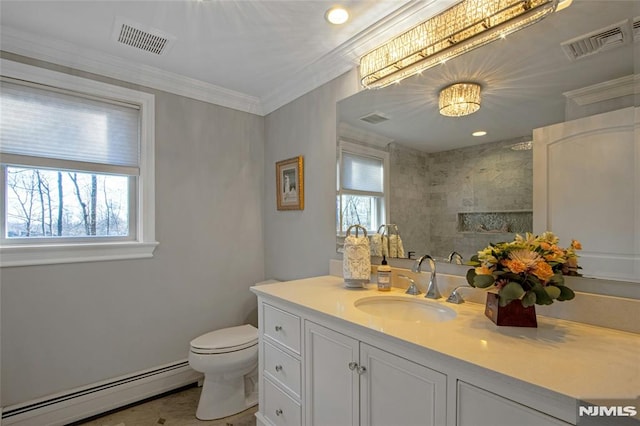 bathroom with baseboard heating, a wealth of natural light, vanity, and toilet