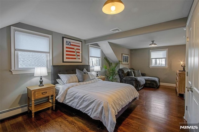 bedroom featuring a baseboard radiator, multiple windows, and dark wood-type flooring