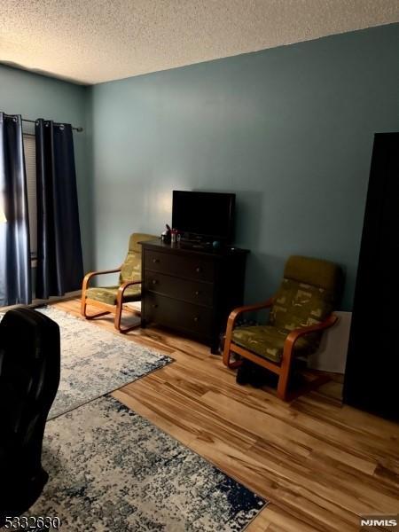 sitting room featuring a textured ceiling and hardwood / wood-style flooring