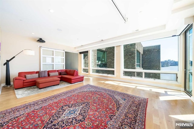 living room featuring hardwood / wood-style floors and rail lighting