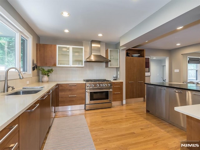 kitchen featuring stainless steel appliances, tasteful backsplash, wall chimney range hood, light hardwood / wood-style flooring, and sink