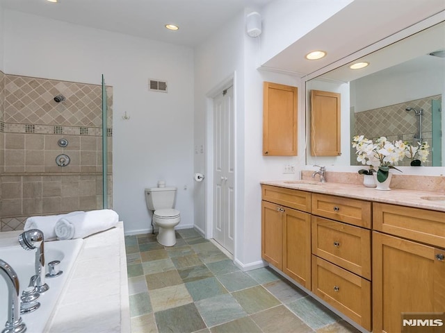 full bathroom with toilet, vanity, and plus walk in shower