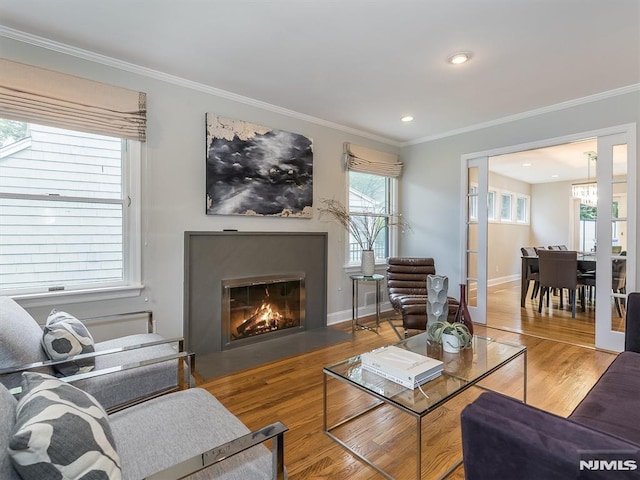 living room featuring crown molding and hardwood / wood-style floors