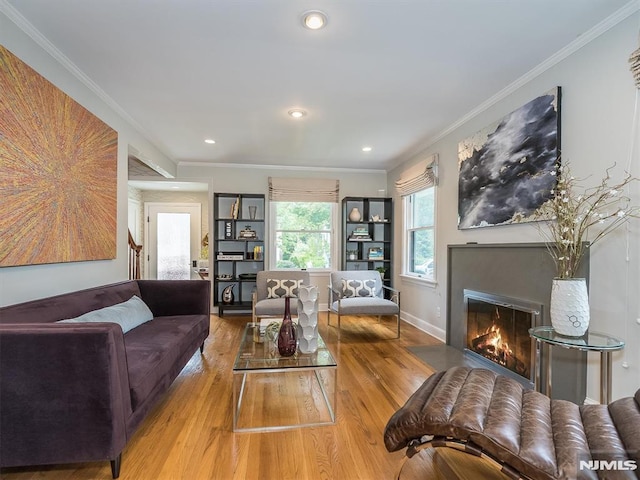 living room with light hardwood / wood-style flooring and ornamental molding