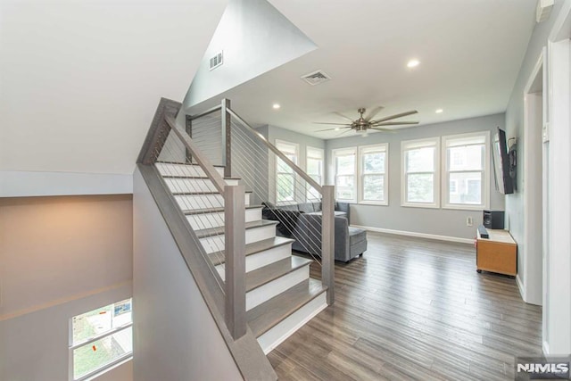 stairs featuring ceiling fan and hardwood / wood-style floors