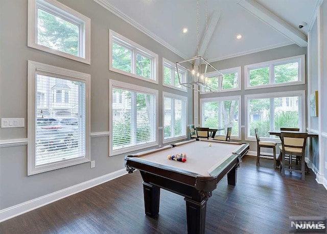 playroom featuring pool table, dark hardwood / wood-style floors, a chandelier, and beamed ceiling