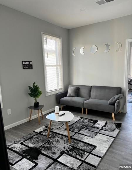 living room featuring dark wood-type flooring