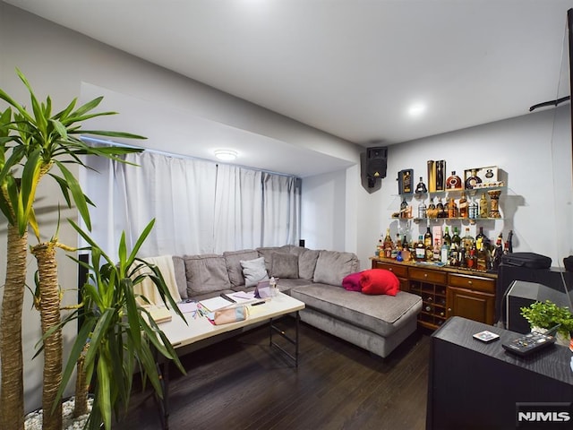 living room featuring indoor bar and dark hardwood / wood-style floors