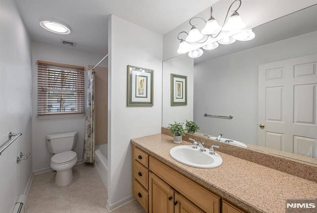 full bathroom featuring toilet, a notable chandelier, shower / bath combination with curtain, a baseboard heating unit, and vanity