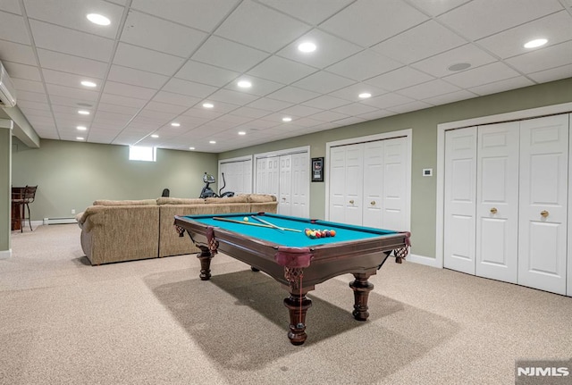 game room featuring a baseboard heating unit, a drop ceiling, billiards, and light carpet