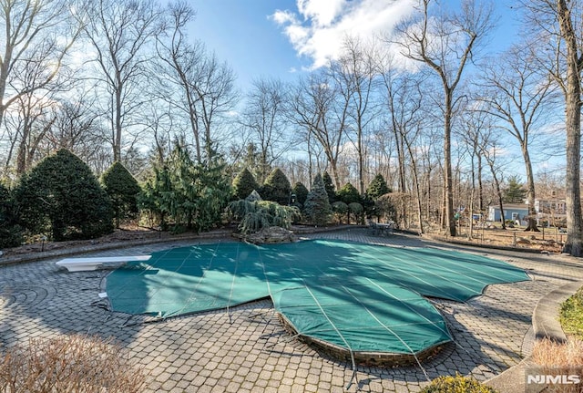 view of pool featuring a diving board and a patio area