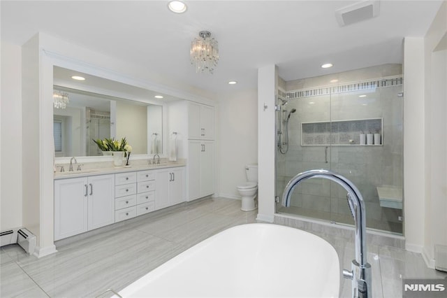 full bathroom with baseboard heating, toilet, vanity, a notable chandelier, and independent shower and bath