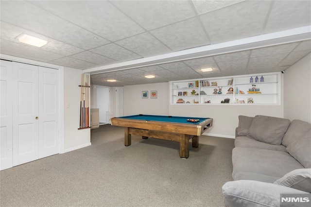 recreation room featuring pool table, built in shelves, and carpet flooring