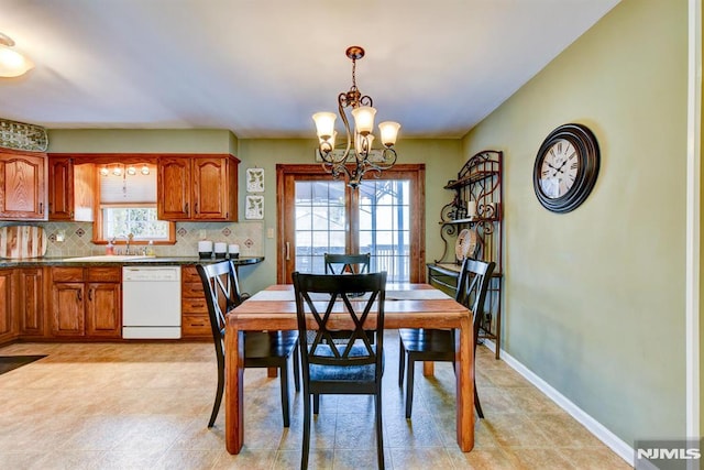 dining room with a healthy amount of sunlight, sink, and a chandelier