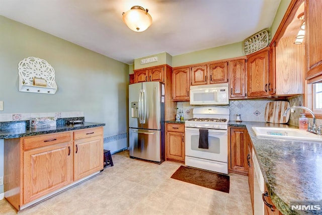 kitchen with sink, white appliances, and backsplash