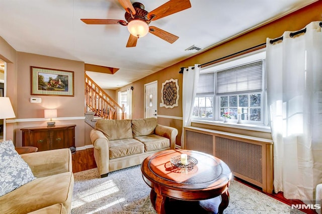 living room with ceiling fan, hardwood / wood-style floors, and radiator